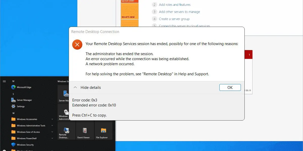 Windows error dialog on a server screen